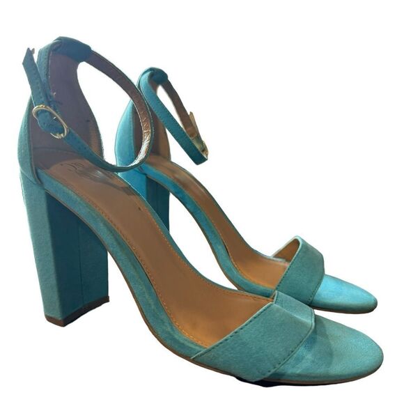 New York & Company Light Blue Heeled Ankle Strap Sandals in Faux Suede - Picture 1 of 11